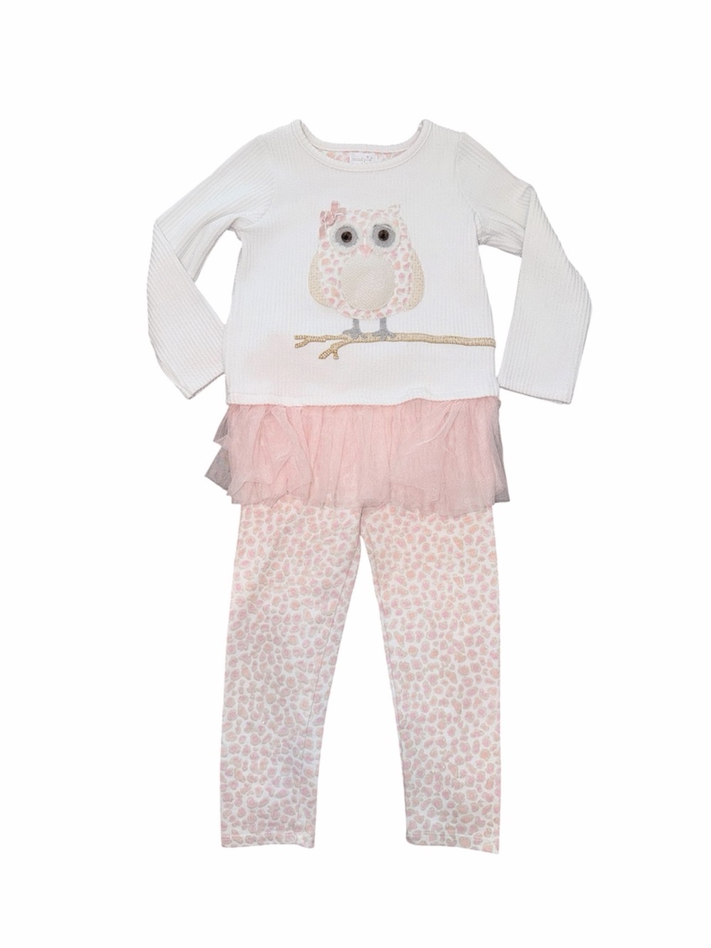 Mud Pie Girls Owl Tulle Peplum Top Leopard Leggings Set Toddler Size 5T